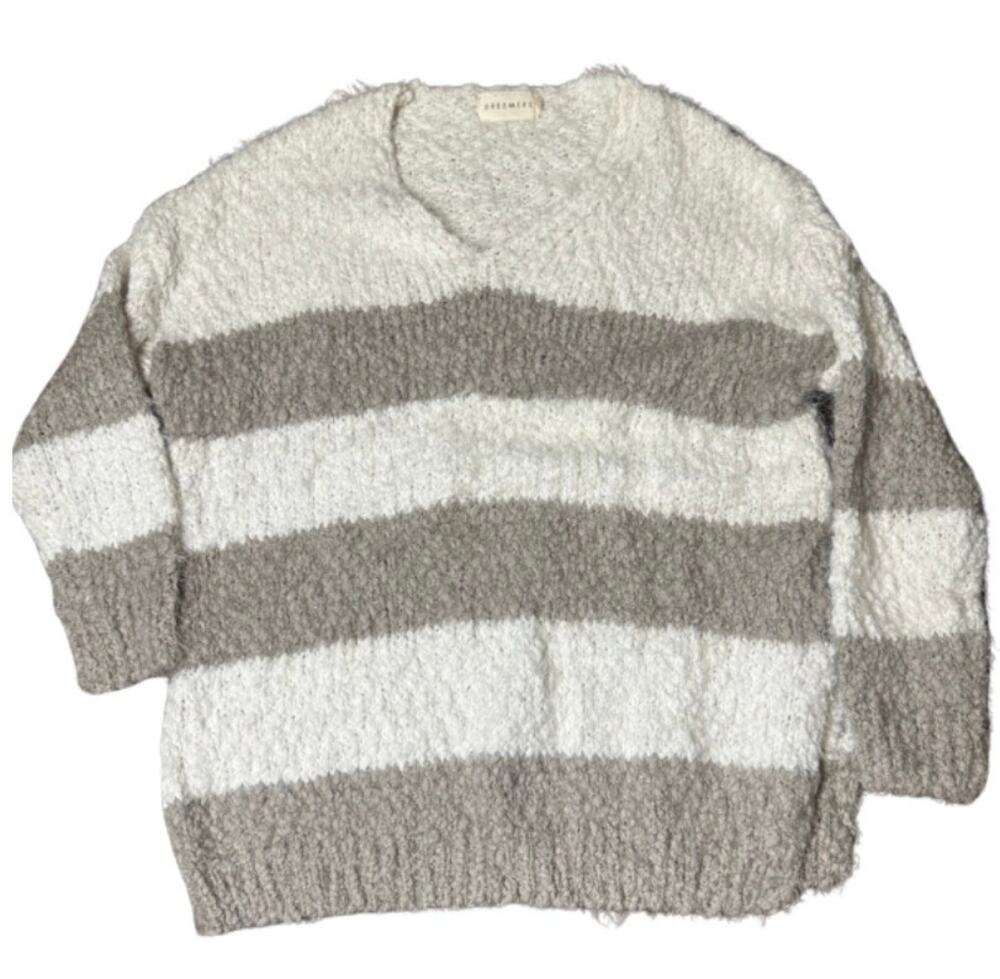 Dreamers by Debut Striped Popcorn Knit V-Neck Sweater S/M Taupe Cream Oversized